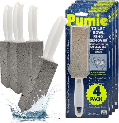 PUMIE Pumice Stone Toilet Bowl Cleaner (4-Pack) - Toilet Pumice Stone with Handle - Heavy Duty Scouring Stick for Rings. Bowls. Hard Water Stains. Lime. Rust. Sink - Includes Handle for Easy Use